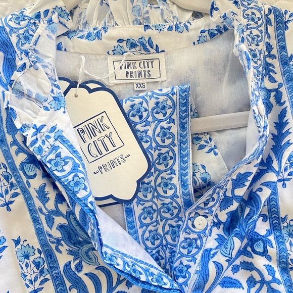 Pink City Prints Tuckernuck Blue Ocean Mix Gemma Block Print Midi Shirt Dress - Picture 14 of 16